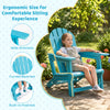 Turquoise all-weather outdoor kids patio chair features wide armrests, curved backrest, and built-in footrest for comfort.