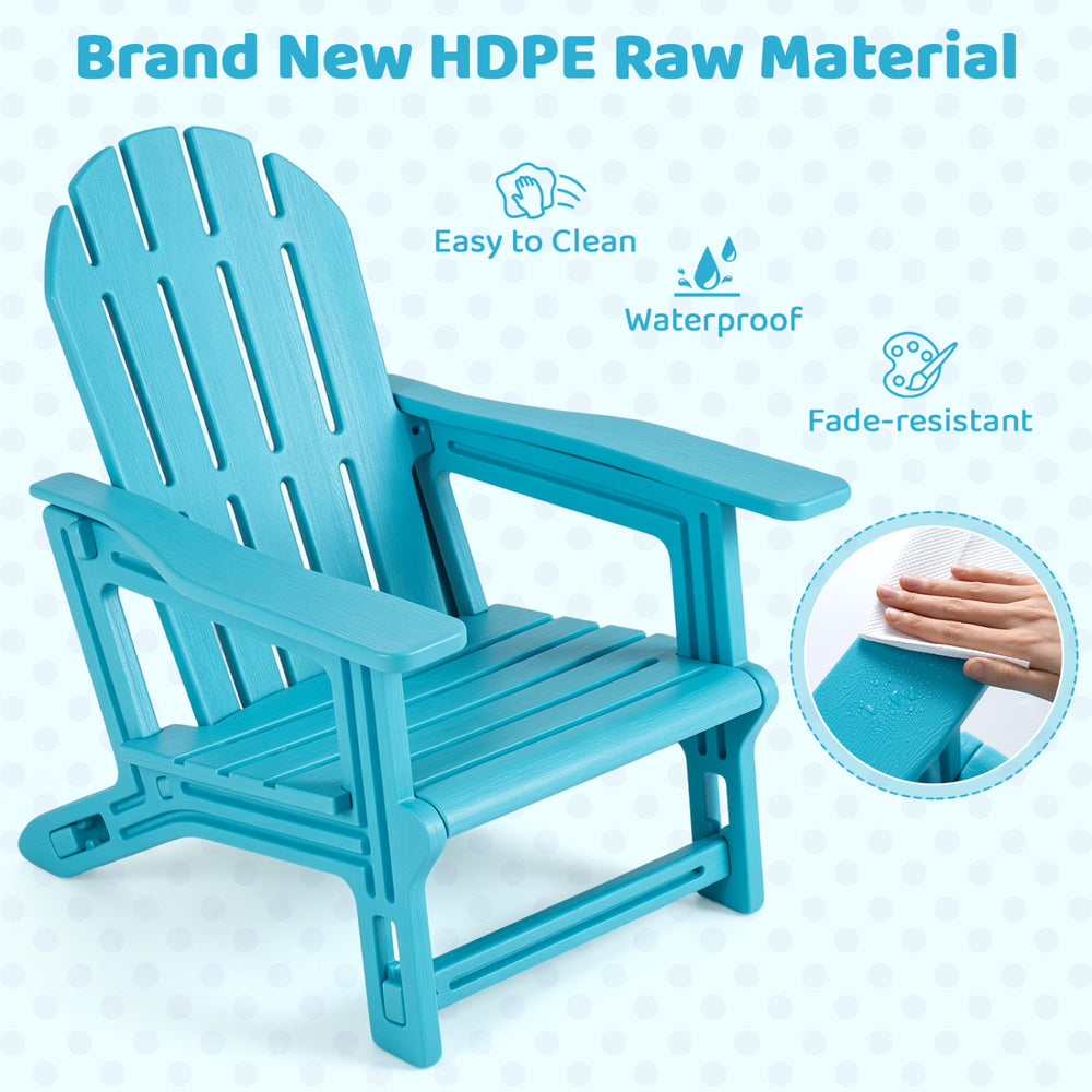 Turquoise HDPE outdoor kids patio chair features ergonomic design, waterproof material, and fade resistance for lasting comfort.