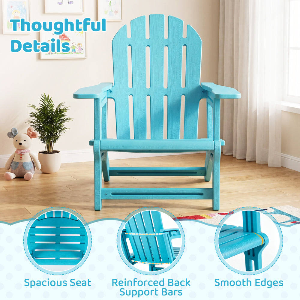 Turquoise all-weather outdoor kids patio seating features a spacious seat, reinforced back support bars, and smooth edges.