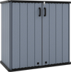 Gray all-weather storage box with lockable doors and removable shelf for organizing patio tools and equipment.