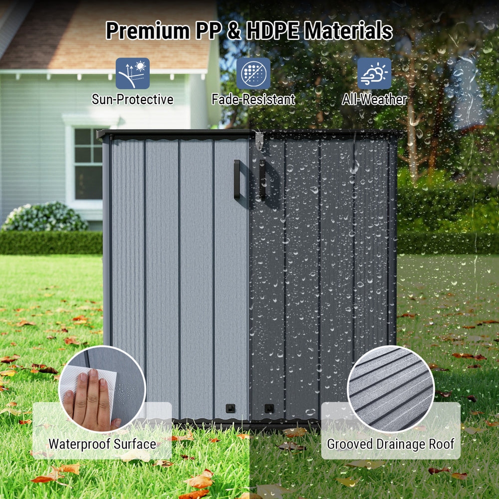 All-Weather Storage Box in gray, made of waterproof PP and HDPE, featuring a grooved drainage roof for outdoor use.