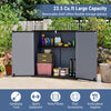 All-Weather Storage Box in gray with removable shelf, ideal for organizing gardening tools and patio pillows outdoors.