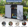Gray all-weather storage box with removable shelf, lockable doors, and waterproof surface for outdoor organization.