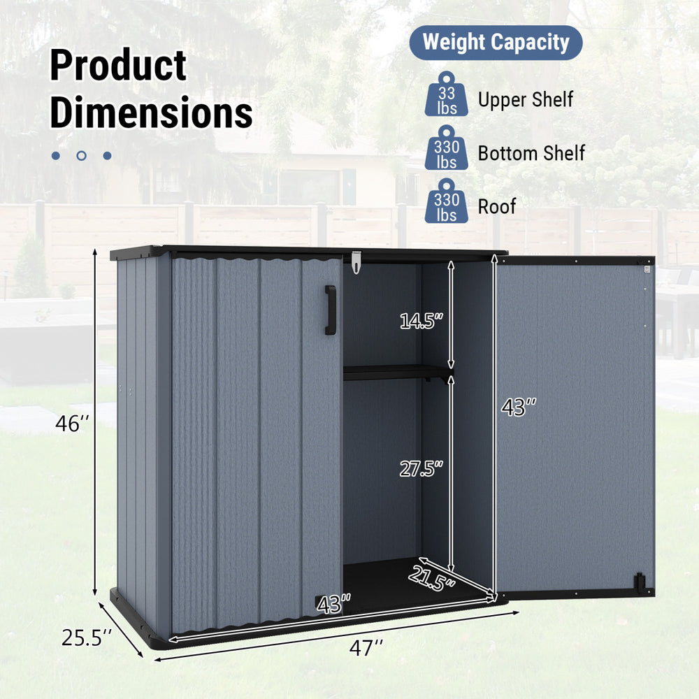 All-weather gray storage box with removable shelf, waterproof design, and lockable door for outdoor organization.