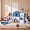 Toddler slide playset in blue with tunnel, ladder, and basketball hoop, designed for safe indoor play and skill.
