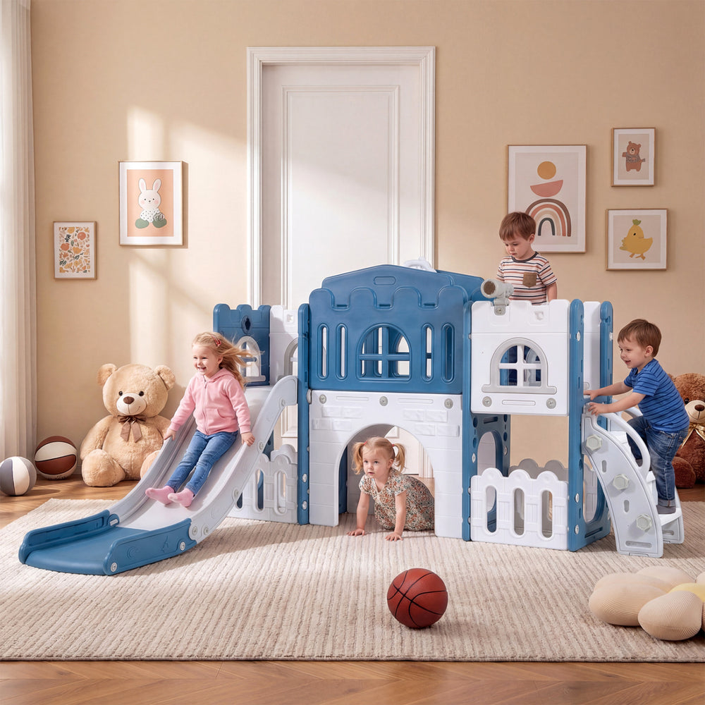 All-in-1 Toddler Slide Playset Playground with Tunnel and Ladder and Basketball-Blue - Gallery View 1 of 10