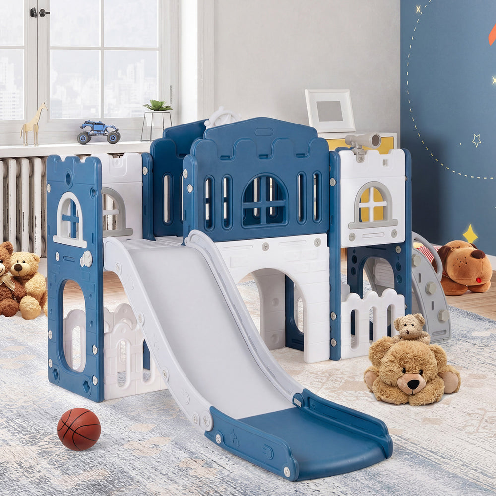 Toddler slide playset in blue with tunnel, ladder, and basketball hoop for safe, fun outdoor play.