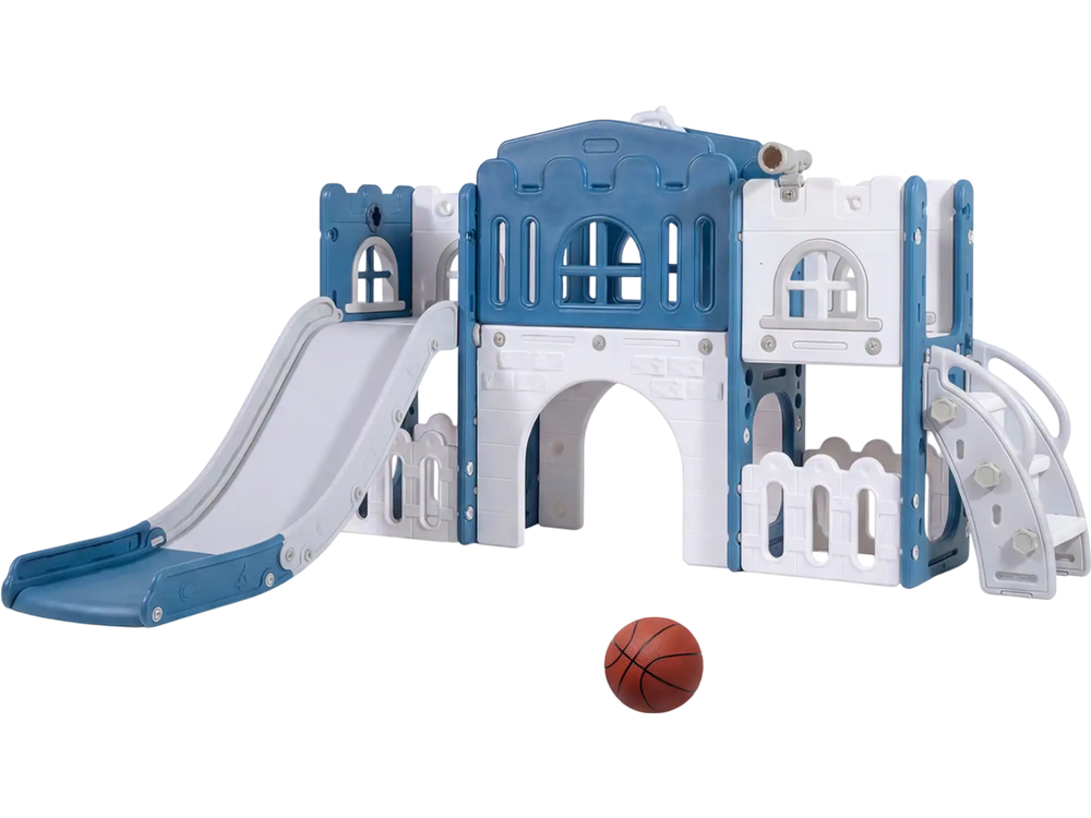 All-in-1 toddler slide playset in blue with tunnel, ladder, basketball hoop, and safe non-slip surfaces for active play.