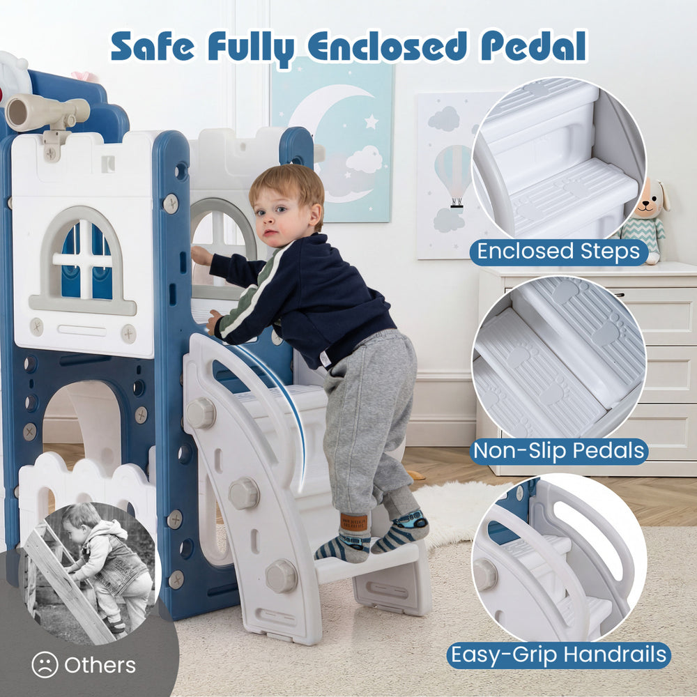 Toddler slide playset with enclosed steps, non-slip pedals, and easy-grip handrails for safe play and stability.