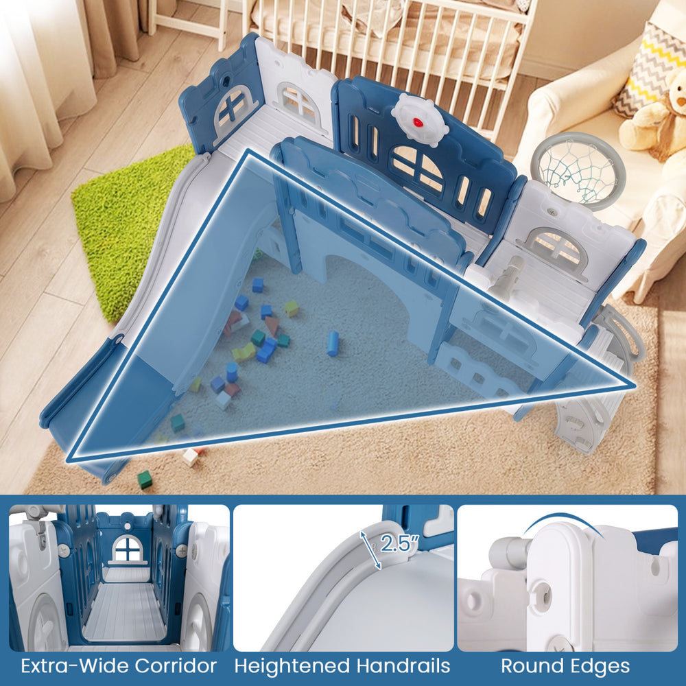Triangle-shaped toddler slide playset in blue with tunnel, ladder, and basketball hoop for safe, fun playtime.
