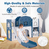 Toddler slide playset in blue with tunnel, ladder, and basketball hoop, made from safe HDPE materials for active play.