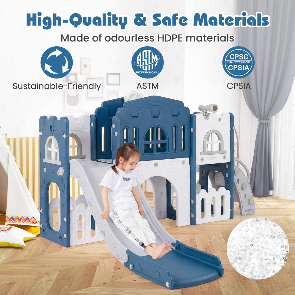 Toddler slide playset in blue with tunnel, ladder, and basketball hoop, made from safe HDPE materials for active play.