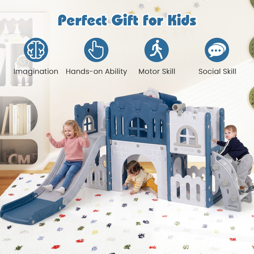 All-in-1 toddler slide playset in blue featuring a slide, tunnel, and climbing structure for safe, imaginative play.
