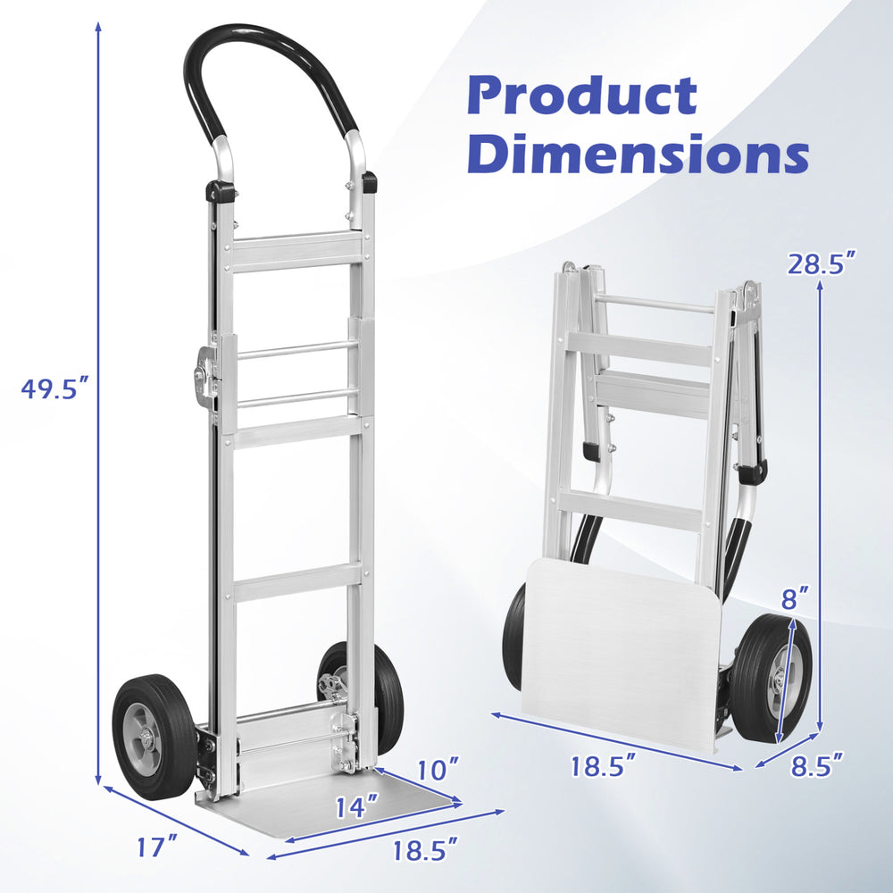 Aluminum dolly cart with ergonomic handle and dual 8-inch rubber wheels, compact folding design for easy storage.