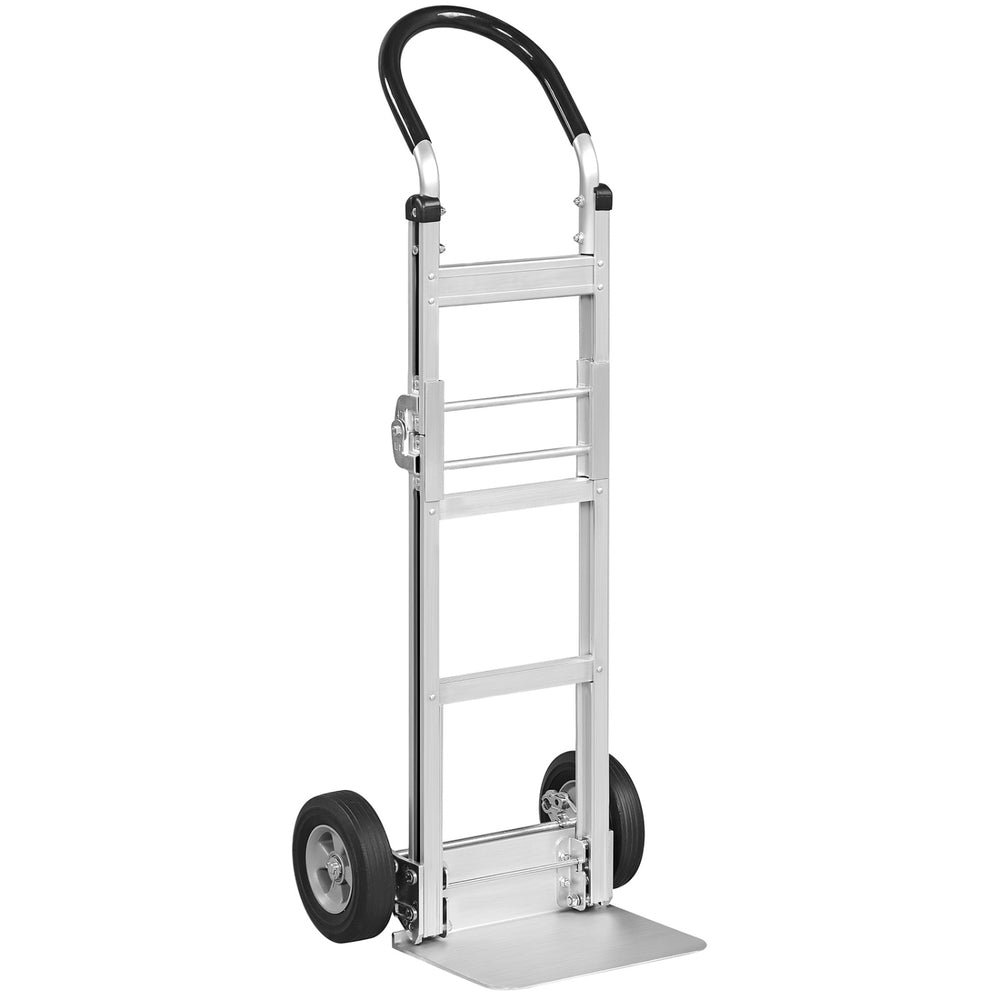 Aluminum dolly cart featuring a compact folding design and sturdy base plate, perfect for easy transport and storage.