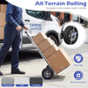 Aluminum dolly cart with dual 8-inch rubber wheels and ergonomic handle, ideal for transporting bulky items securely.