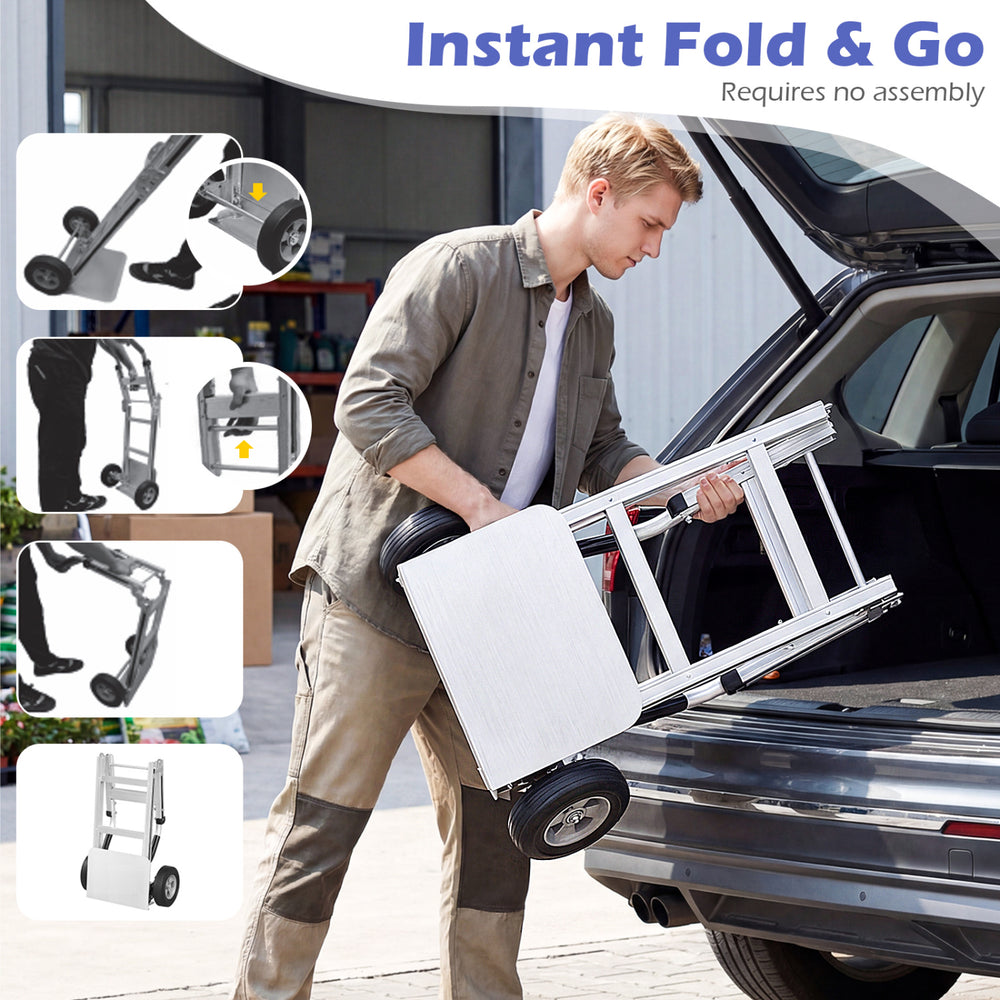 Aluminum dolly cart with ergonomic handle and dual rubber wheels, ideal for transporting bulky items effortlessly.