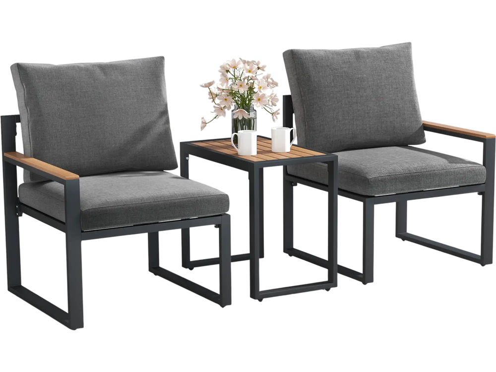 Two gray cushioned chairs with aluminum frames and a WPC tabletop, perfect for outdoor conversation by the poolside.