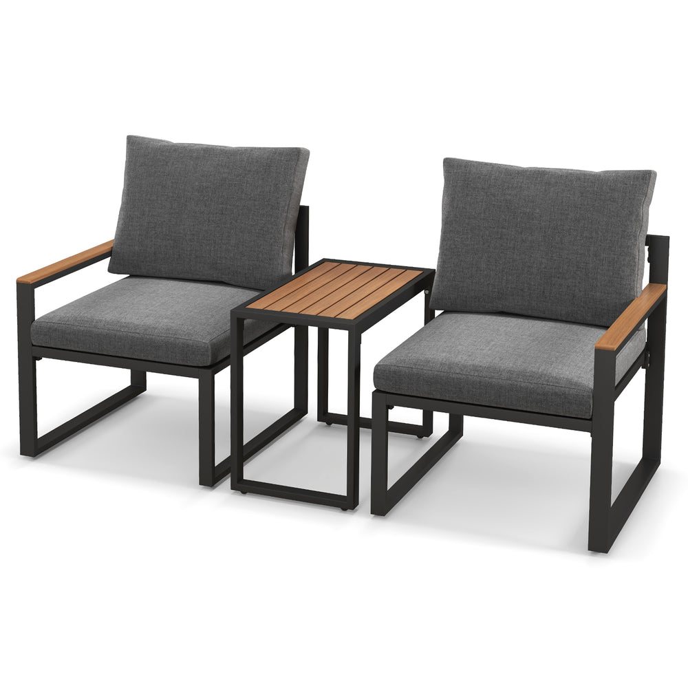Two gray cushioned chairs with aluminum frames and a WPC tabletop, perfect for outdoor conversation in any patio area.