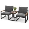 Two gray cushioned chairs with an aluminum frame and a WPC tabletop, perfect for outdoor conversation in any patio area.