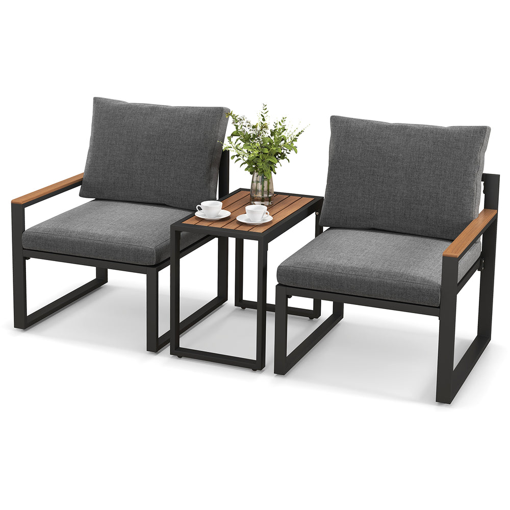 Two gray cushioned chairs with an aluminum frame and a WPC tabletop, perfect for outdoor conversation in any patio area.