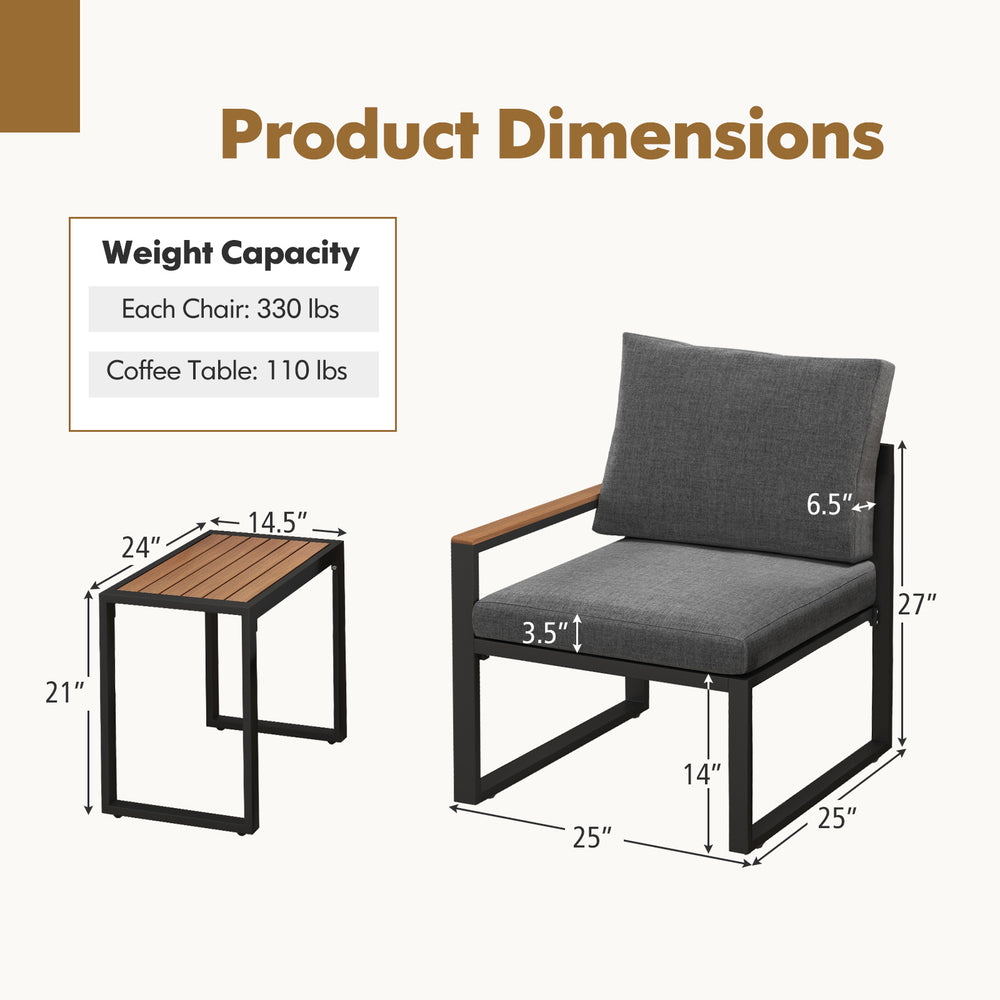 Dimensions of the 3-piece aluminum frame outdoor conversation set with gray cushions and WPC tabletop for versatile use.