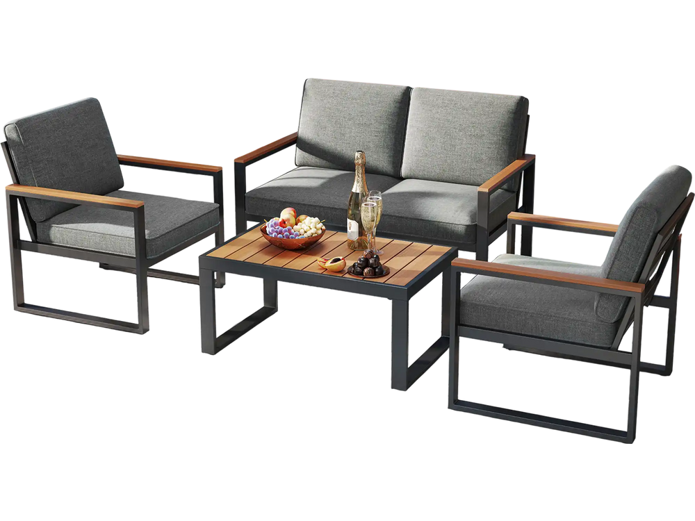 4-piece patio furniture set featuring gray cushions, aluminum frame, and wood-plastic armrests, perfect for outdoor.