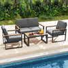 4-piece gray patio furniture set featuring aluminum frame, wood-plastic armrests, and thick cushions for outdoor.