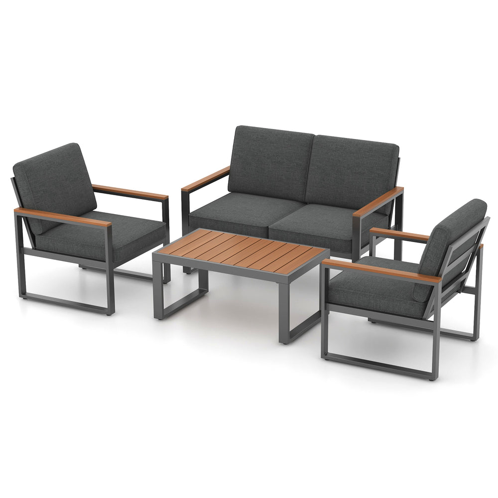 4-piece patio furniture set featuring gray cushions, aluminum frame, and wood-plastic armrests, ideal for outdoor.