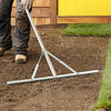 Aluminum rake with a 36-inch wide head and 68-inch long handle, ideal for leveling soil and gardening tasks.