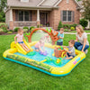 Inflatable Animal Spray Pool with slide, featuring a jungle pattern, for kids' backyard fun and water play.