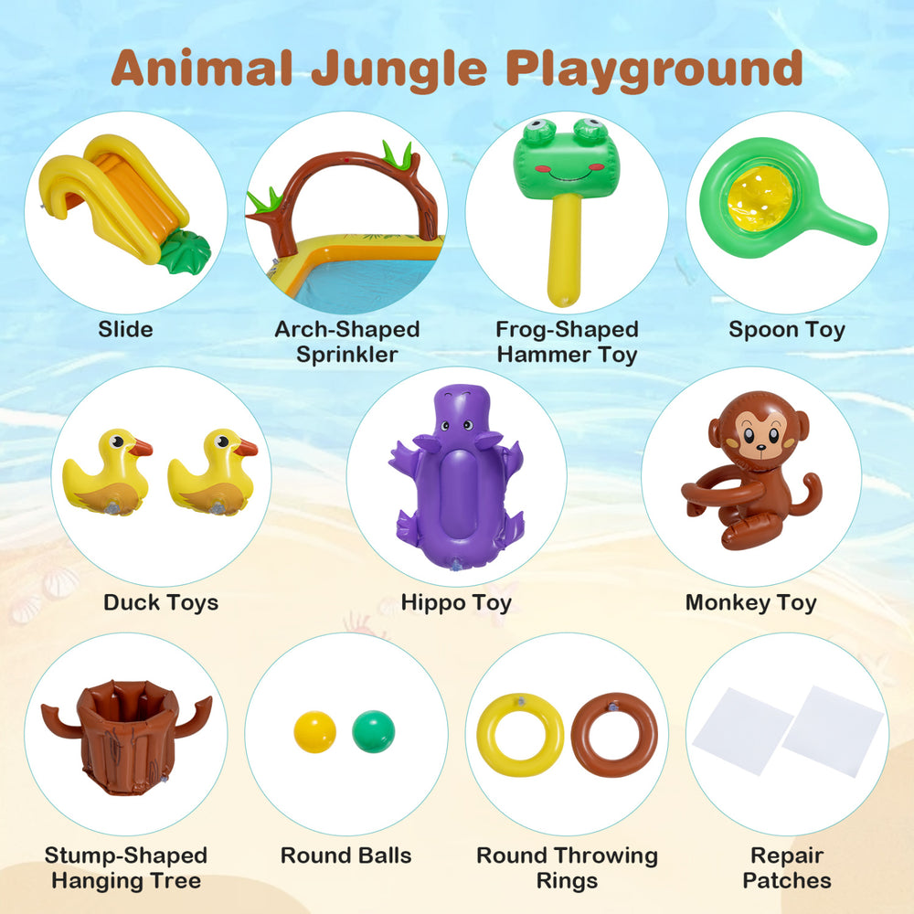 Animal Spray Pool with slide, featuring a vibrant jungle pattern, ideal for backyard fun for 2-3 kids aged 2-6.