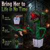 Animated Halloween man-eater plant prop with sharp teeth, crimson glow, and posable leaves for customizable scares.