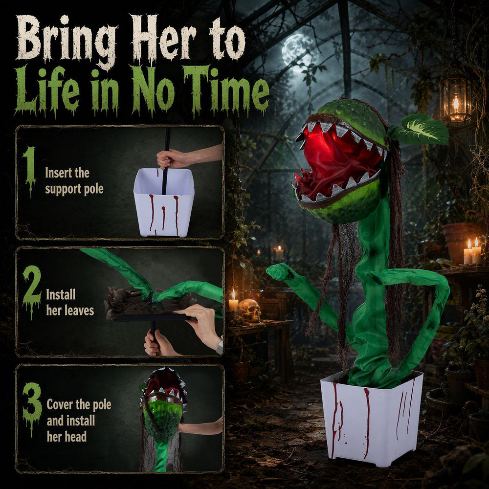 Animated Halloween man-eater plant prop with sharp teeth, crimson glow, and posable leaves for customizable scares.