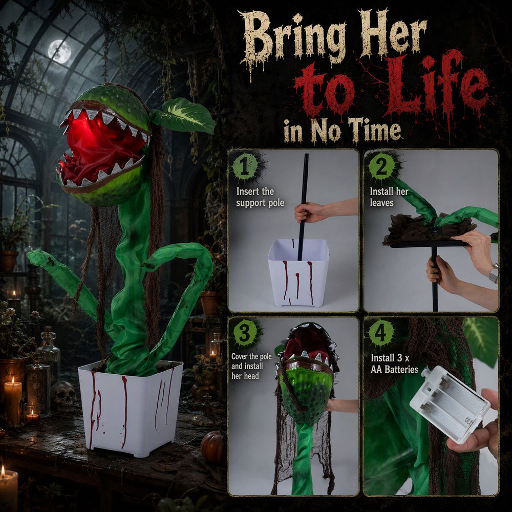 Animated Halloween man-eater plant prop with sharp teeth, glowing jaw, and posable leaves for spooky decor.