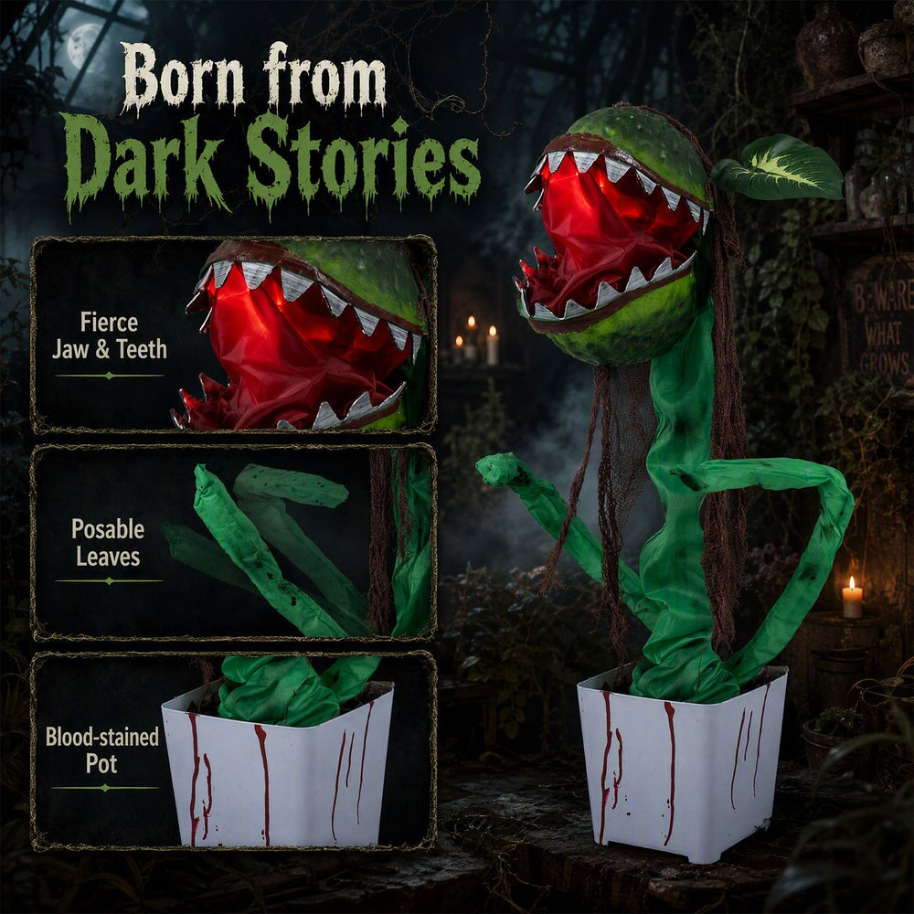 Animated Halloween man-eater plant prop with sharp teeth, glowing jaw, and posable leaves for customizable scares.
