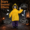Animatronic haunted boy in a yellow raincoat with a creepy face and sound effects, ideal for creating Halloween frights.