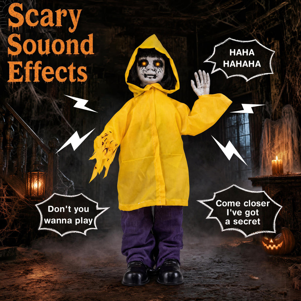 Animatronic haunted boy in a yellow raincoat with a creepy face and sound effects, ideal for creating Halloween frights.