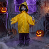 Animatronic haunted boy in a yellow raincoat with glowing eyes and creepy sounds, perfect for Halloween decorations.