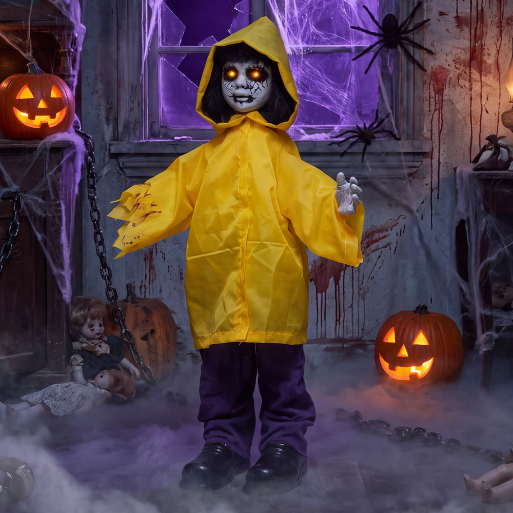 Animatronic haunted boy in a yellow raincoat with glowing eyes and creepy sounds, perfect for Halloween decorations.