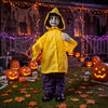 Animatronic haunted boy in a yellow raincoat with glowing eyes and creepy sounds, ideal for Halloween decorations.
