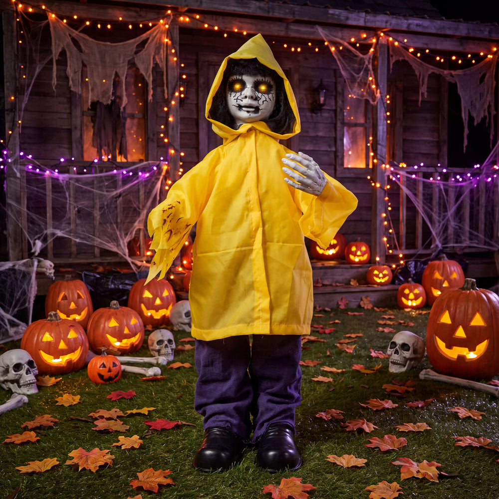 Animatronic haunted boy in a yellow raincoat with glowing eyes and creepy sounds, ideal for Halloween decorations.
