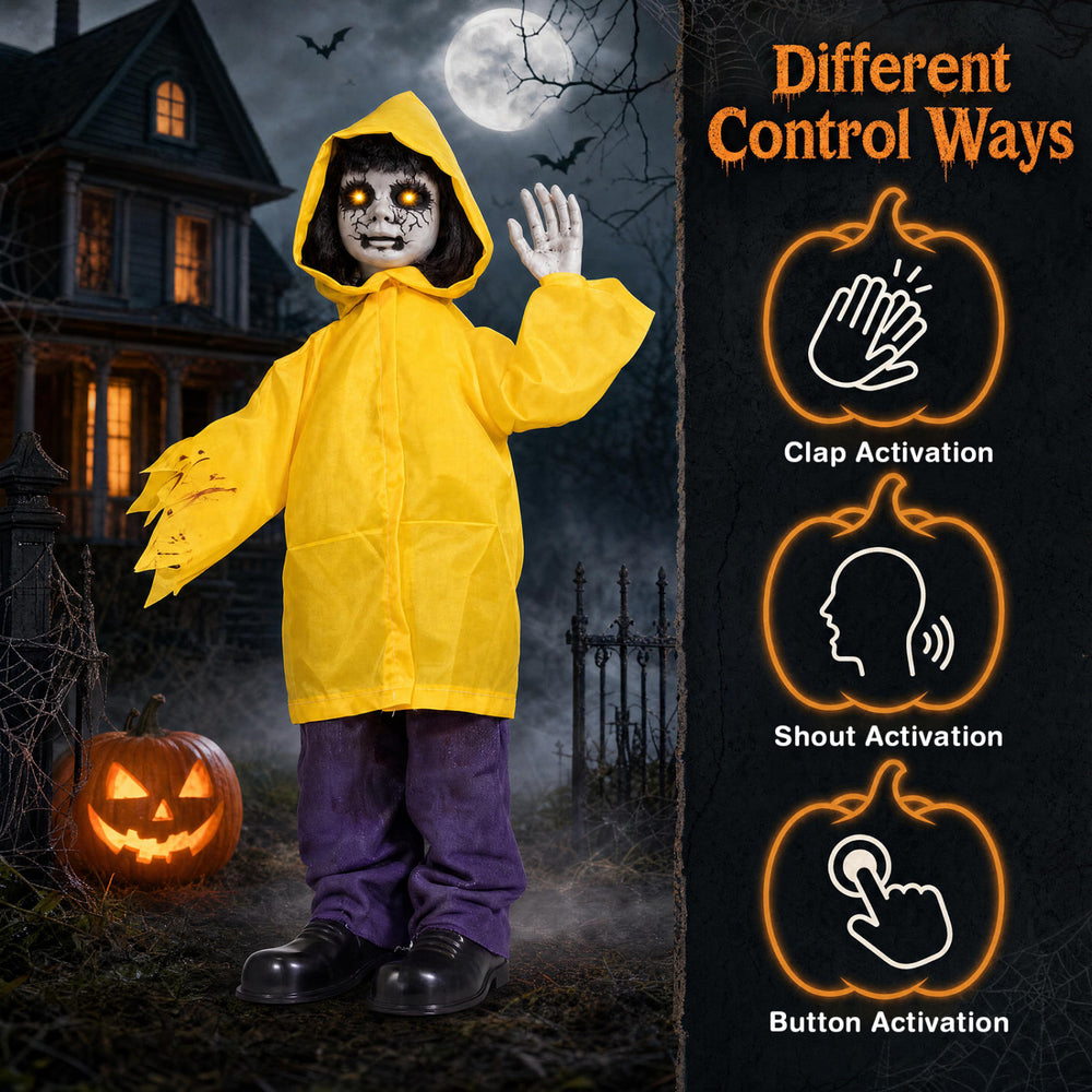 Animatronic haunted boy with glowing eyes, animated arms, and scary sounds, perfect for Halloween decorations or haunted houses.