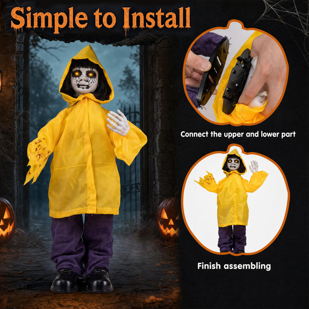 Animatronic Haunted Boy features glowing eyes, animated arms, and scary sounds, perfect for Halloween decorations.