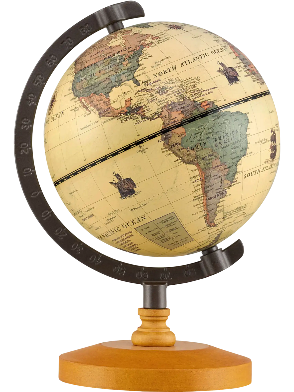 Mini rotating antique globe with a wooden base, featuring clear geographic details and a sturdy metal frame for.