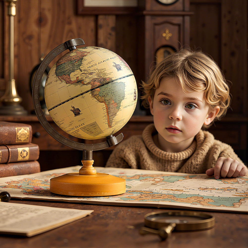 Mini 5.5-inch antique globe with wooden base, showcasing geographic details, ideal for education and decor.