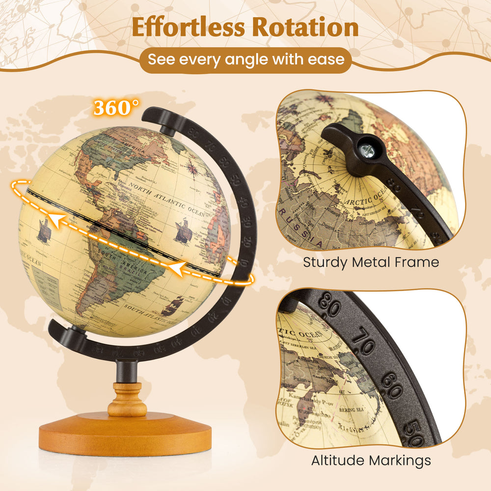 Mini 5.5-inch antique globe with wooden base, featuring a sturdy metal frame and altitude markings for educational use.