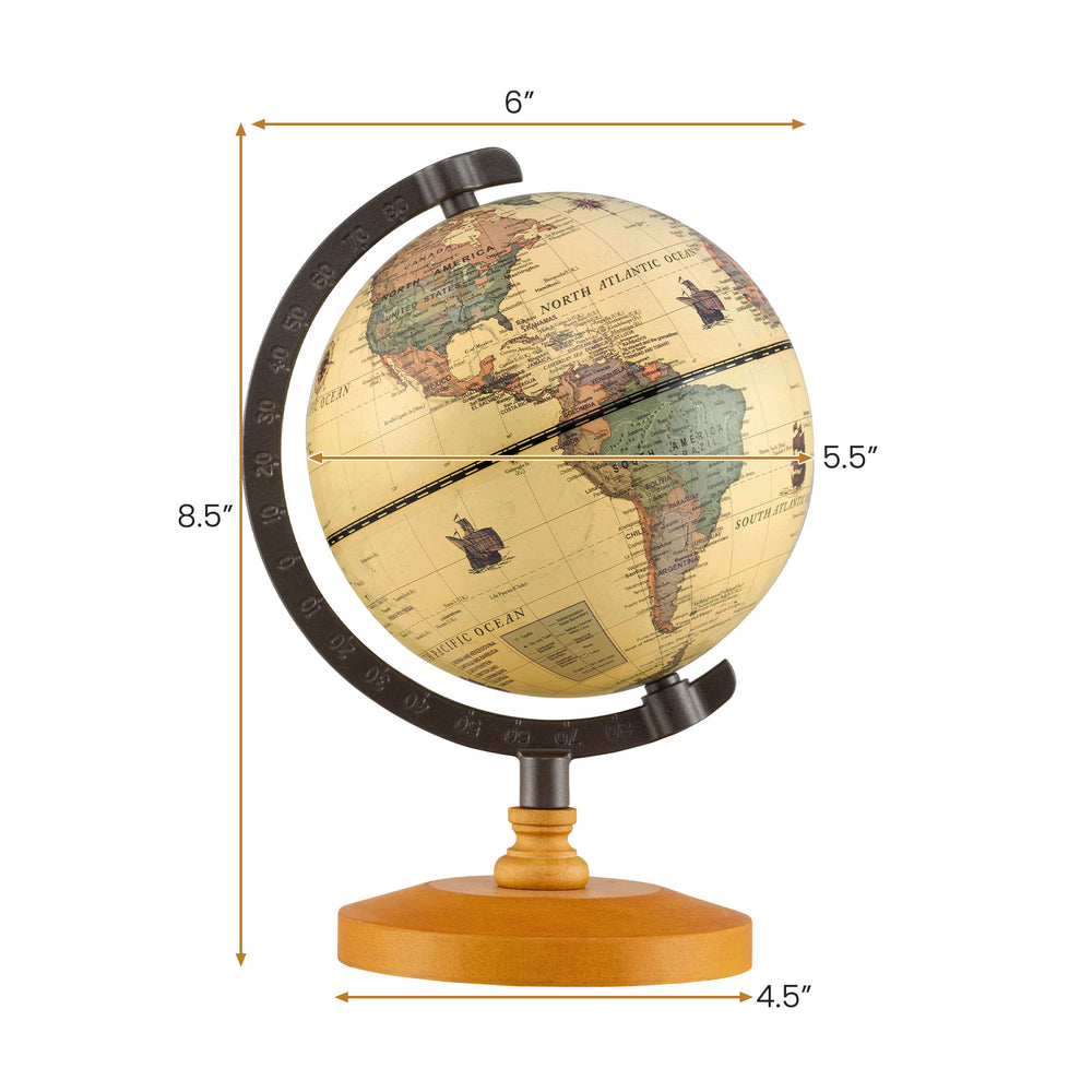 Detailed view of the 5.5-inch antique globe on a wooden base, showcasing clear geographic information and a sturdy.