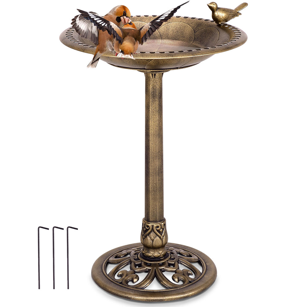 Antique gold freestanding pedestal bird bath feeder with vintage finish, large bowl, and stable base for garden use.