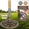 Antique gold freestanding pedestal bird bath feeder with a sturdy base, filled with sand or stones for stability.